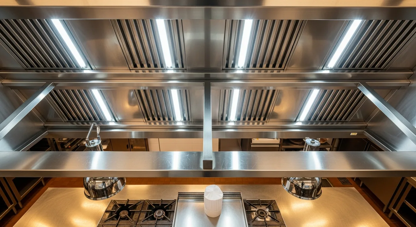 Clean stainless steel commercial kitchen extraction canopy West Wales